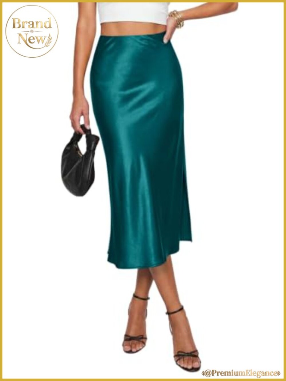 Satin Midi Skirt High Waist A-Line Side Split Elegant Work Skirt